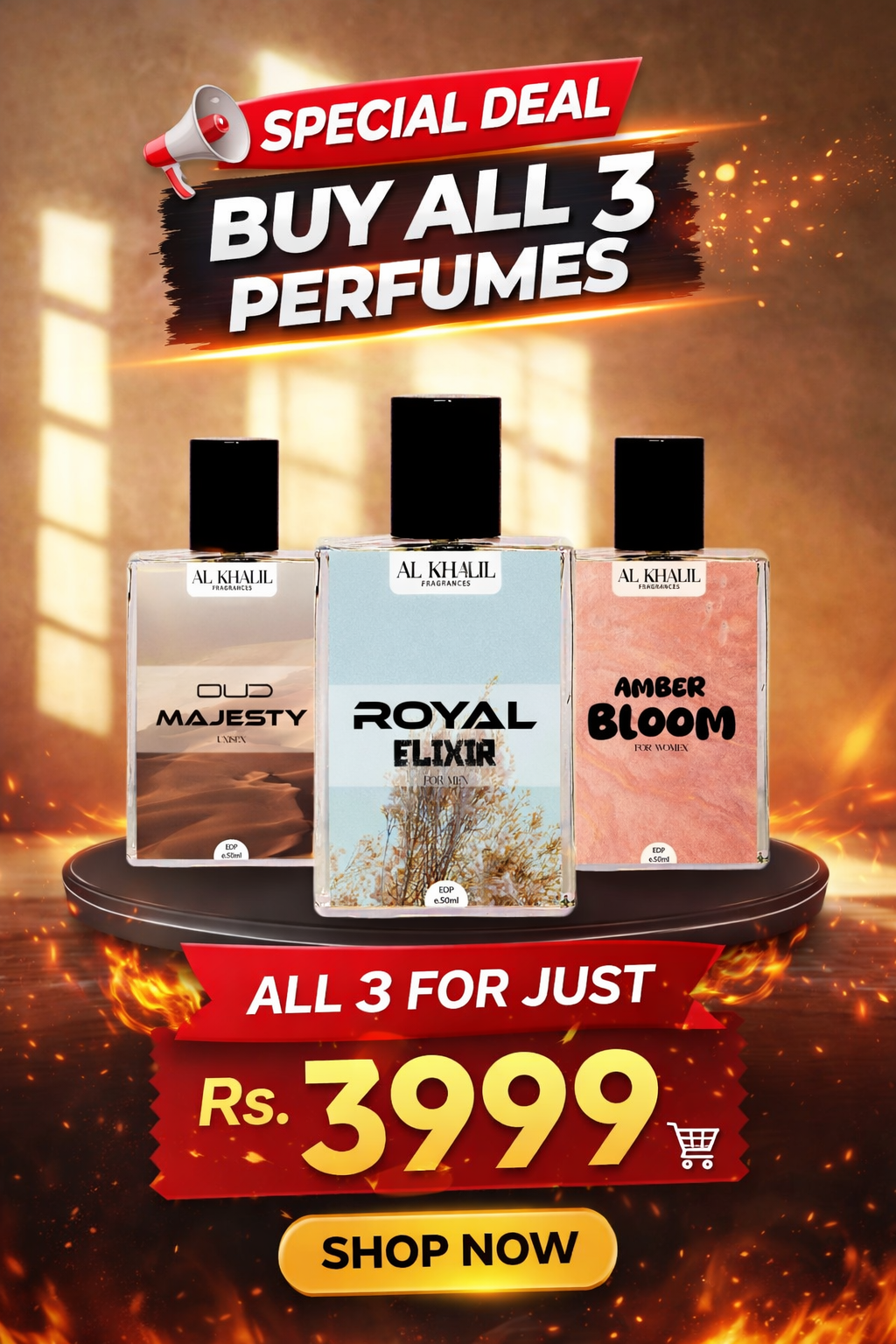 3 Premium EDP Perfumes Pakistan | Royal Elixir Oud Majesty Amber Bloom 50ml